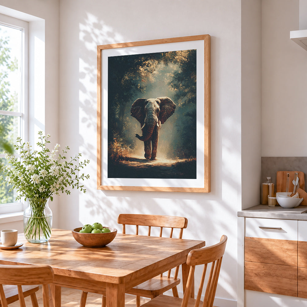 Elephant on forest path cross stitch artwork displayed on wall as home decor
