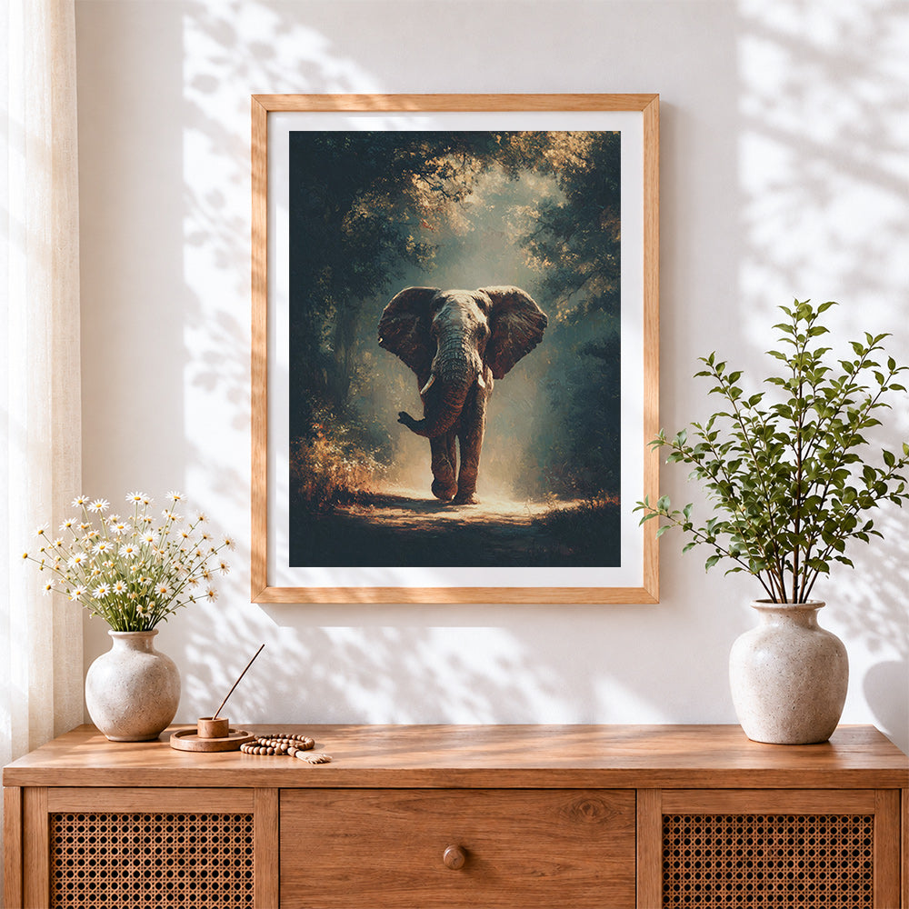 Finished elephant on forest path paint by numbers artwork displayed as home decor