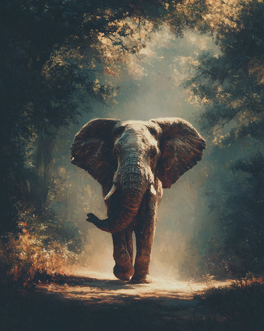 Elephant on forest path paint by numbers kit for beginners
