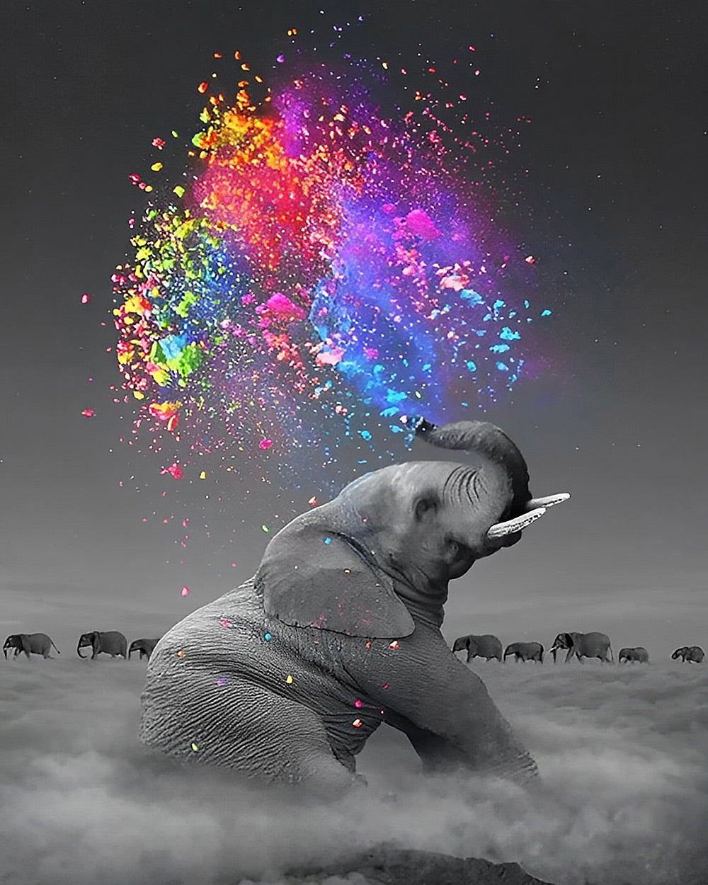 Elephant spraying colourful powder cross stitch kit for beginners