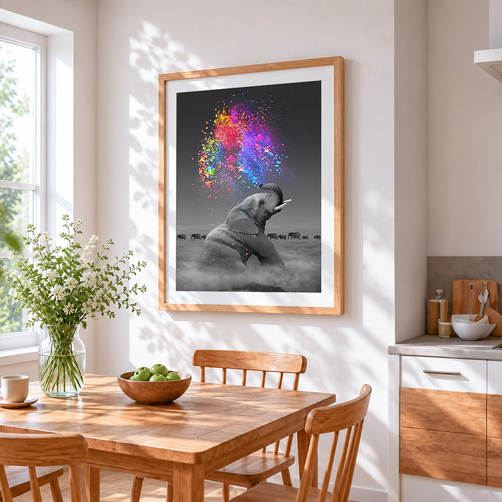 Elephant spraying colourful powder paint by numbers artwork displayed on wall as home decor