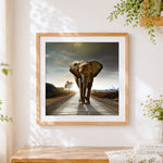 Finished elephant walking on a road cross stitch artwork displayed