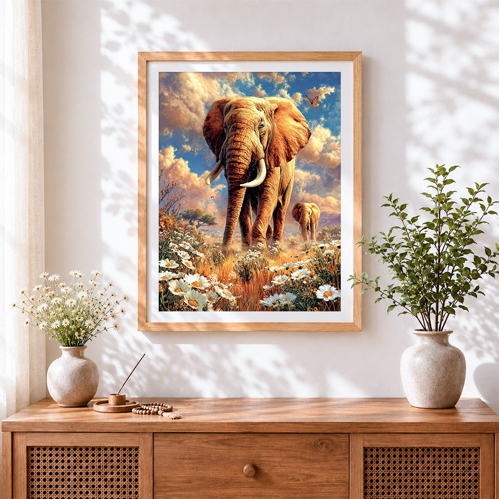 Finished elephants in daisy field cross stitch artwork displayed