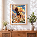 Finished elephants in daisy field cross stitch artwork displayed