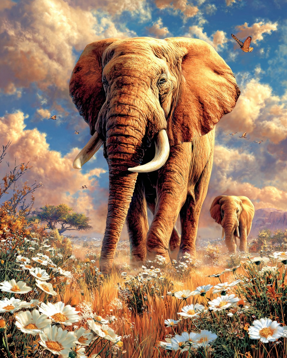 Elephants in daisy field cross stitch kit for beginners