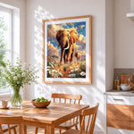 Elephants in daisy field cross stitch artwork displayed on wall as home decor