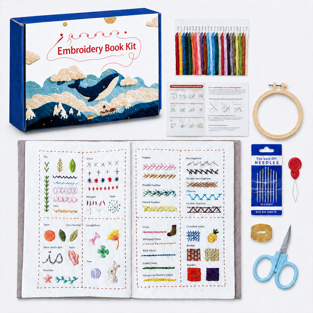 Complete embroidery stitch book gift set with gift box, finished book, floss and embroidery tools