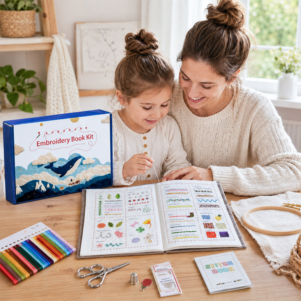 Mother and daughter enjoying the embroidery stitch book gift set together at home