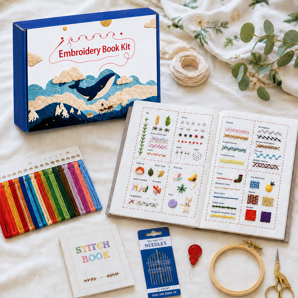 Embroidery stitch book gift set displayed with colorful floss, hoop and stitching tools