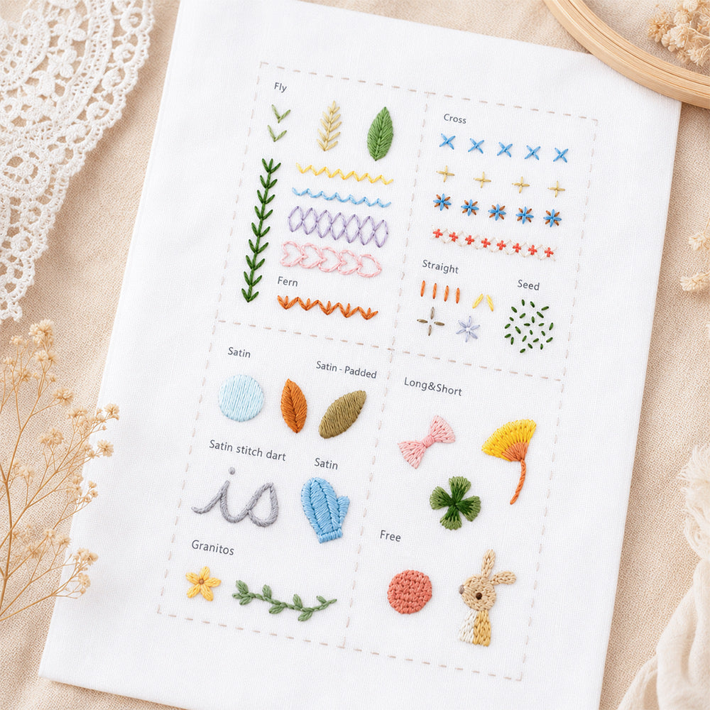 Embroidery practice fabric with beginner stitches, leaves, flowers and small decorative patterns