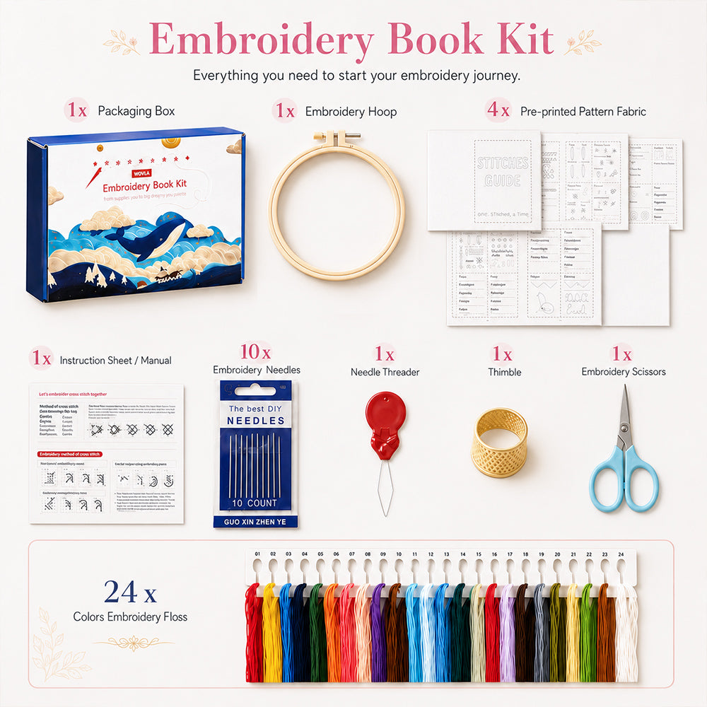 Embroidery book gift set with pre-printed fabric, 24-color floss, hoop, needles and essential tools