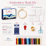Embroidery book gift set with pre-printed fabric, 24-color floss, hoop, needles and essential tools
