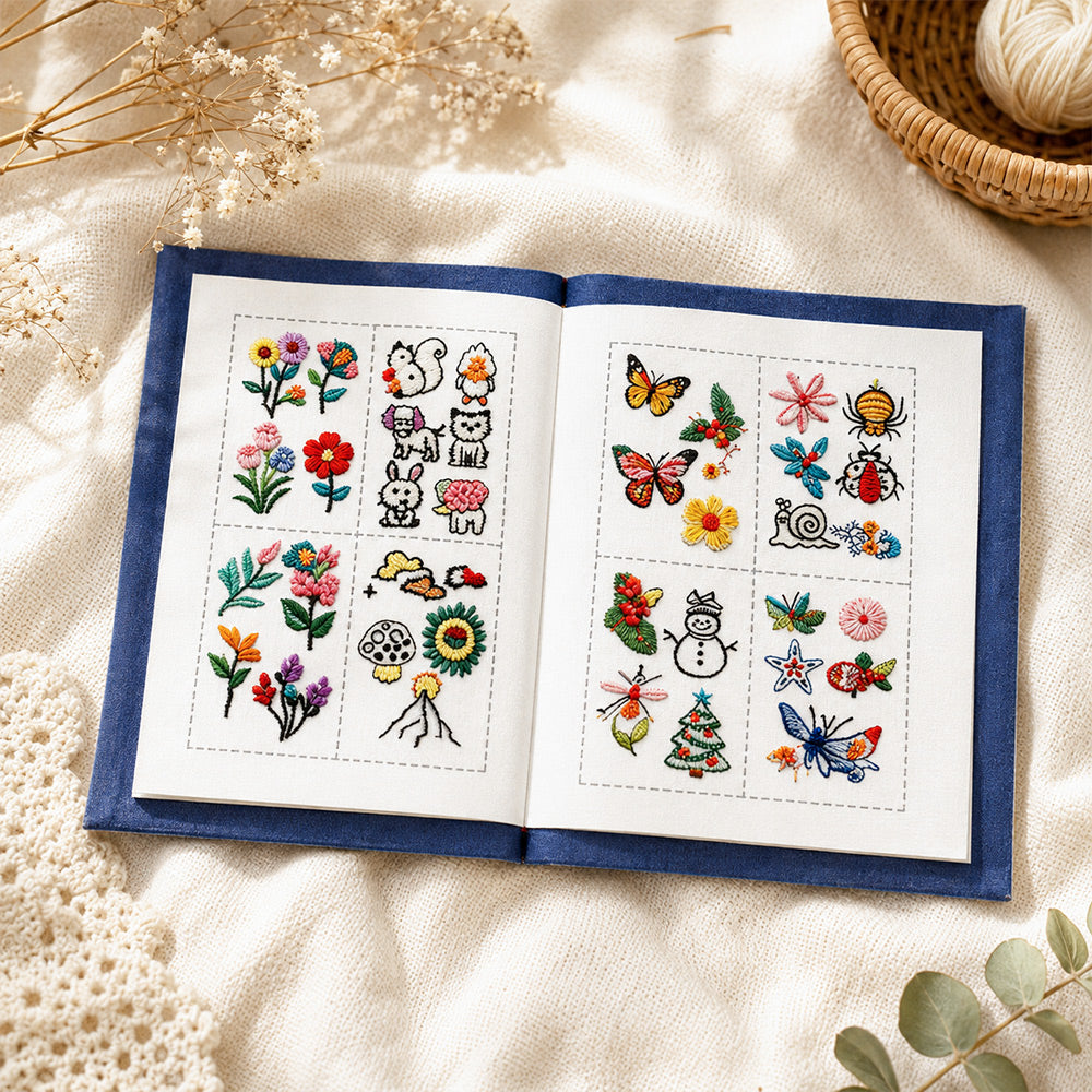 Open embroidery stitch sampler book displayed on a warm neutral fabric background