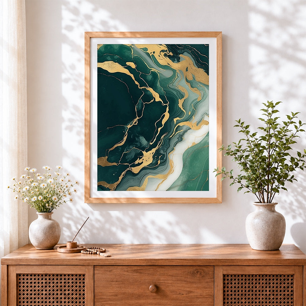 Finished emerald green and gold fluid art cross stitch artwork displayed