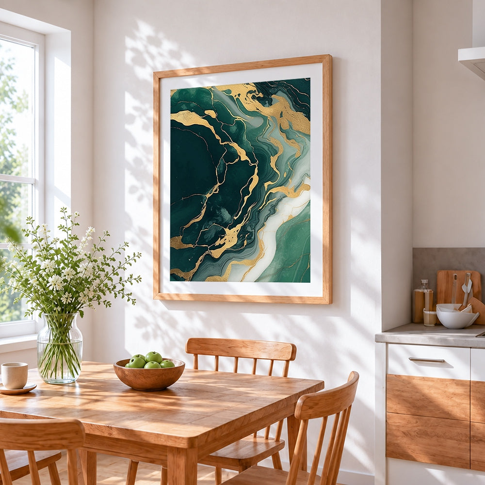 Emerald green and gold fluid art cross stitch artwork displayed on wall as home decor