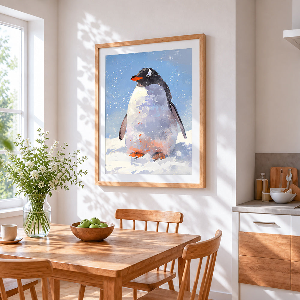 Emperor penguin in snowstorm cross stitch artwork displayed on wall as home decor