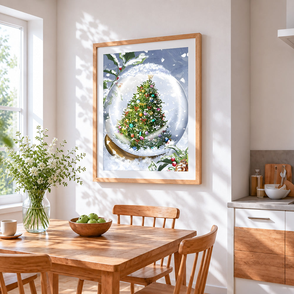 Enchanted christmas tree snow globe cross stitch artwork displayed on wall as home decor