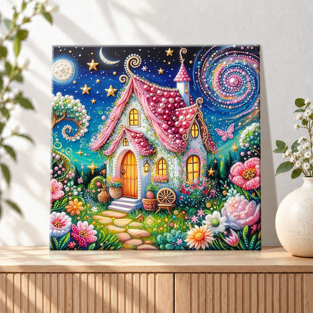 Finished enchanted fairy cottage pearl diamond painting artwork displayed as holiday home decor
