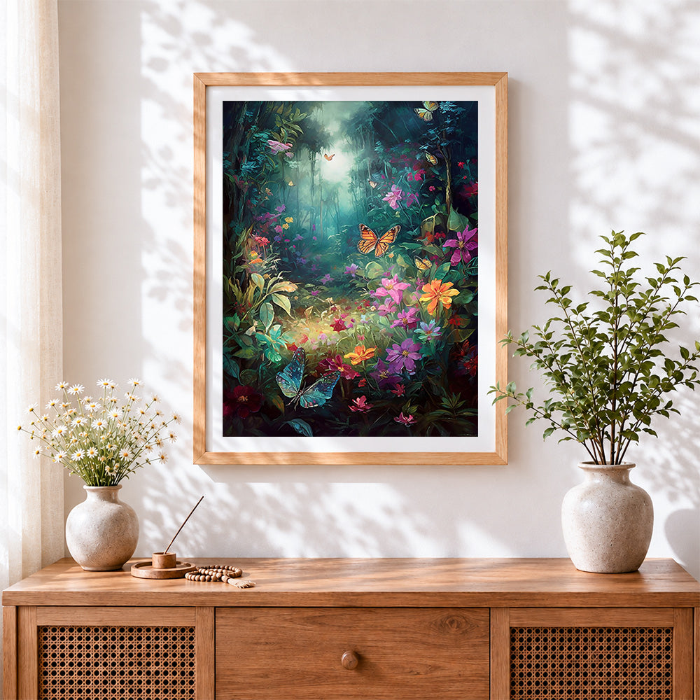Finished enchanted floral forest and butterflies cross stitch artwork displayed