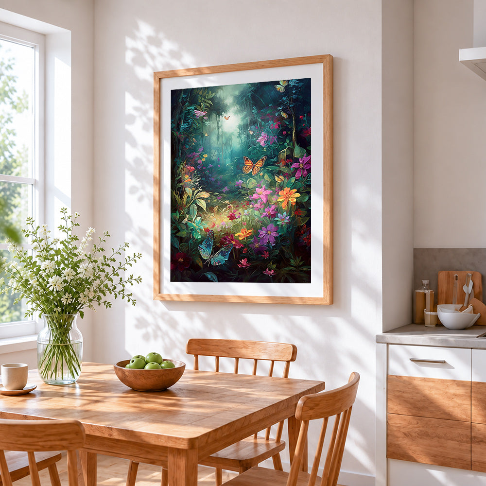 Enchanted floral forest and butterflies cross stitch artwork displayed on wall as home decor