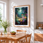 Enchanted floral forest and butterflies cross stitch artwork displayed on wall as home decor