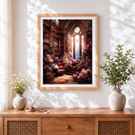 Finished enchanted floral library cross stitch artwork displayed
