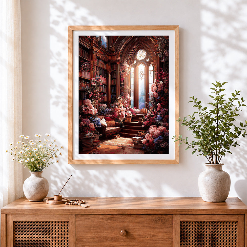 Finished enchanted floral library cross stitch artwork displayed