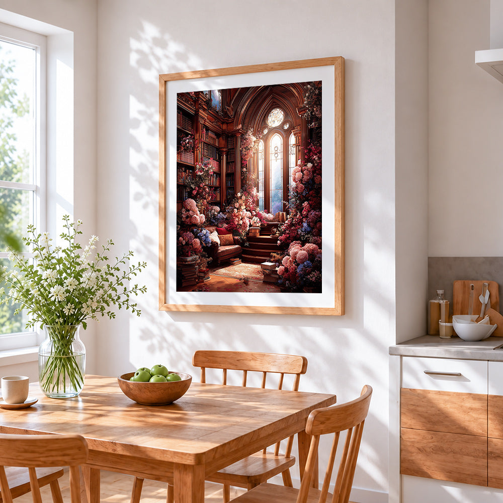 Enchanted floral library cross stitch artwork displayed on wall as home decor