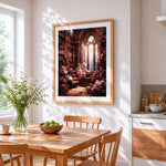 Enchanted floral library cross stitch artwork displayed on wall as home decor