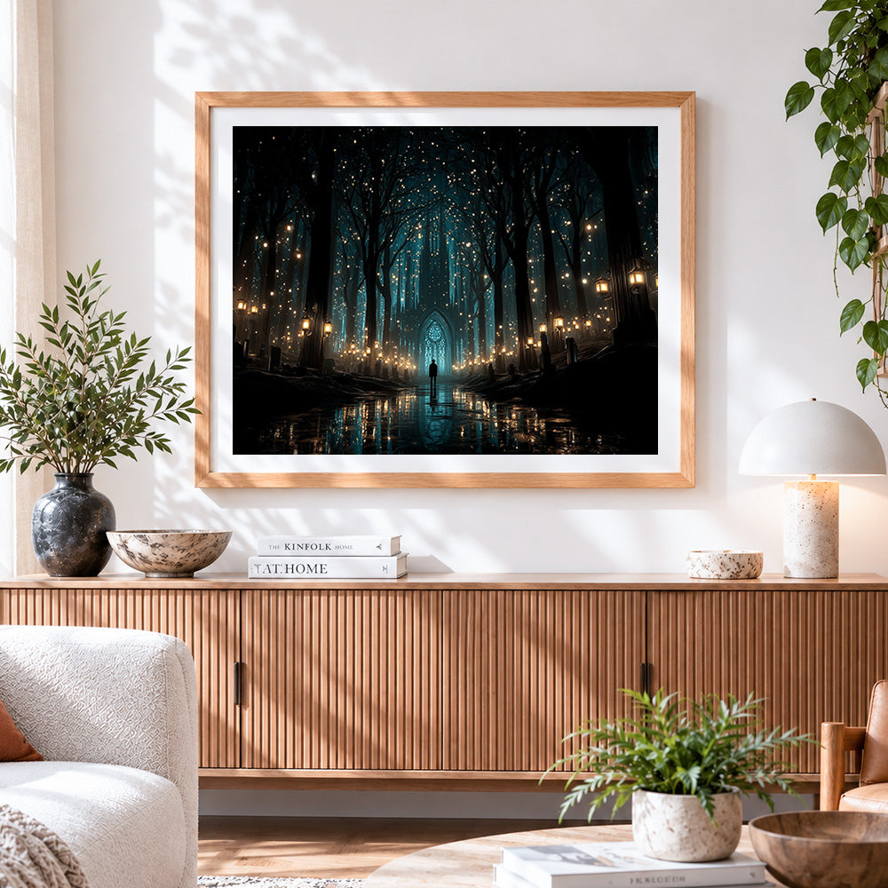 Finished enchanted forest cathedral cross stitch artwork displayed