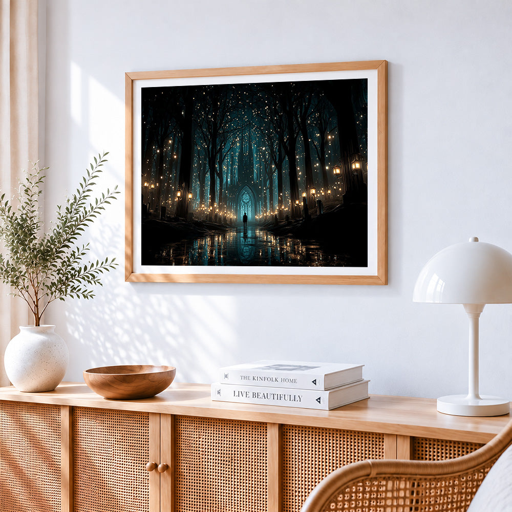 Enchanted forest cathedral cross stitch artwork displayed on wall as home decor