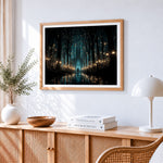 Enchanted forest cathedral cross stitch artwork displayed on wall as home decor