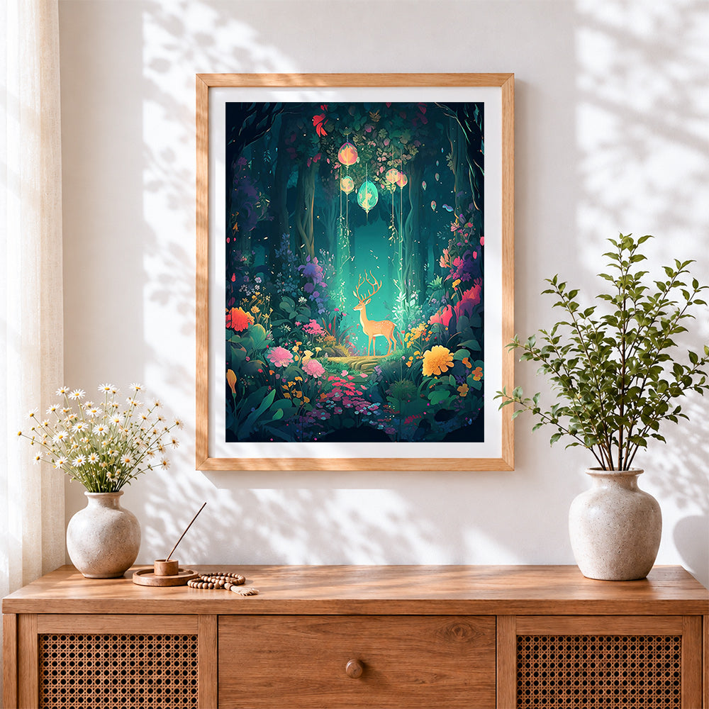 Finished enchanted forest deer cross stitch artwork displayed