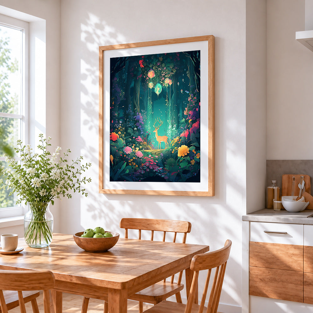 Enchanted forest deer cross stitch artwork displayed on wall as home decor