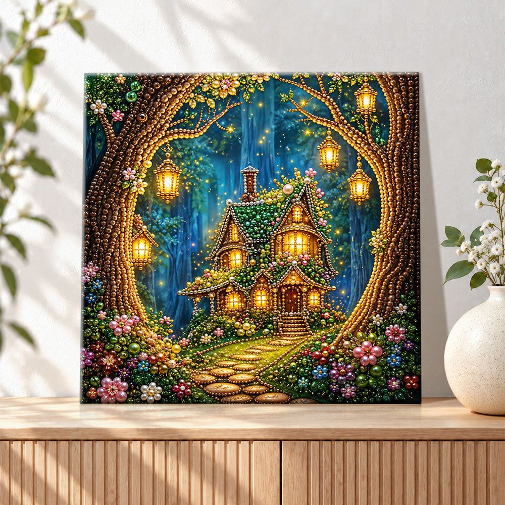 Finished enchanted forest fairy house pearl diamond painting artwork displayed as holiday home decor