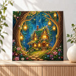 Finished enchanted forest fairy house pearl diamond painting artwork displayed as holiday home decor