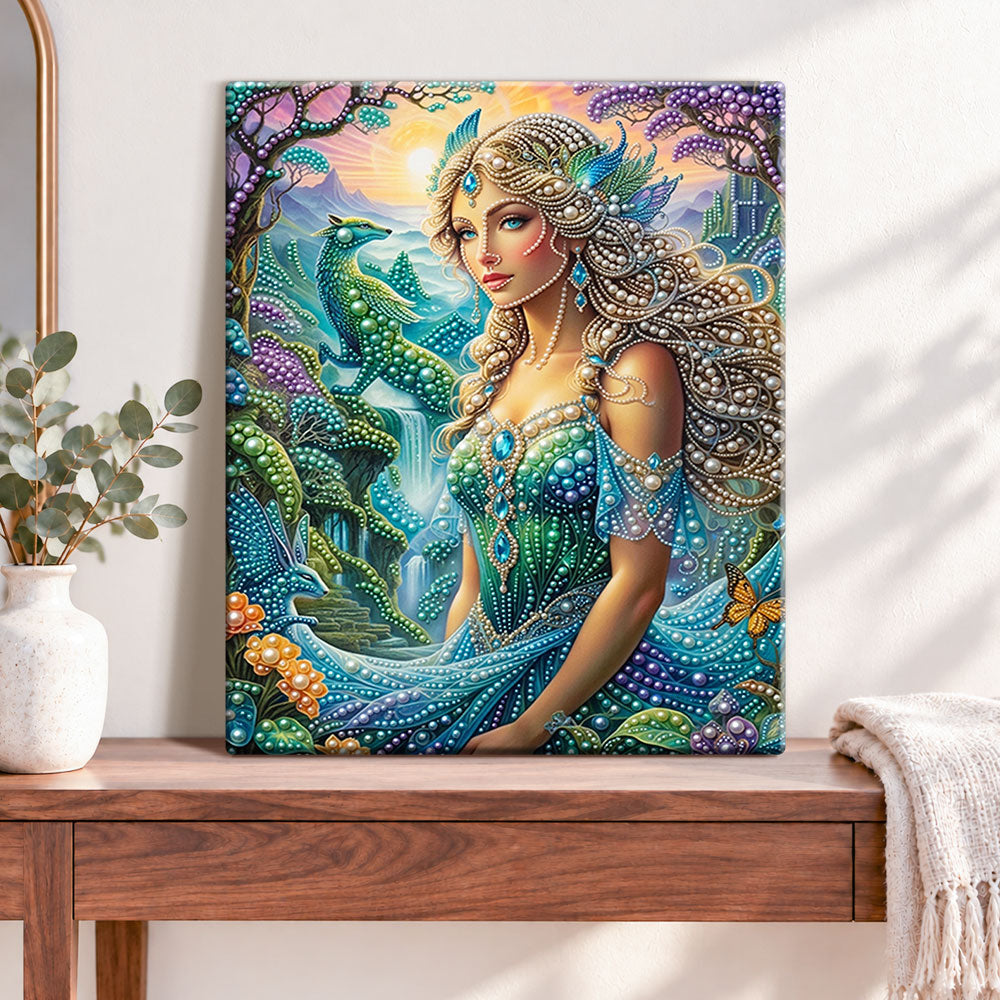 Finished enchanted forest goddess pearl diamond painting artwork displayed as home decor
