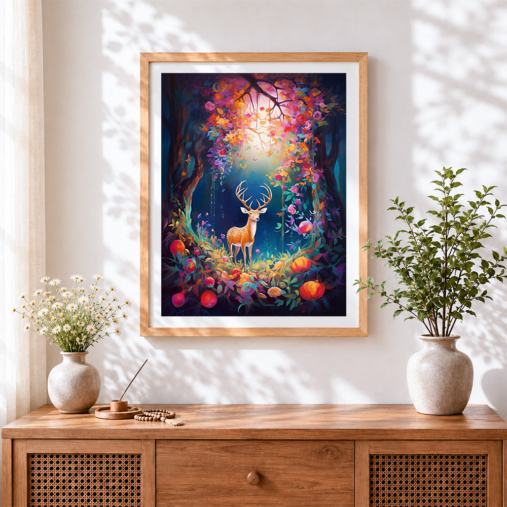 Finished enchanted forest stag cross stitch artwork displayed