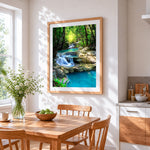 Enchanted forest waterfall cross stitch artwork displayed on wall as home decor