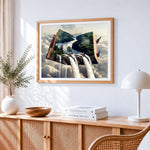 Enchanted forest waterfall from a book cross stitch artwork displayed on wall as home decor