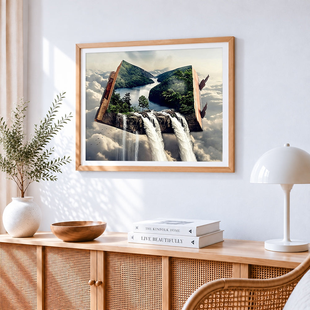 Enchanted forest waterfall from a book cross stitch artwork displayed on wall as home decor