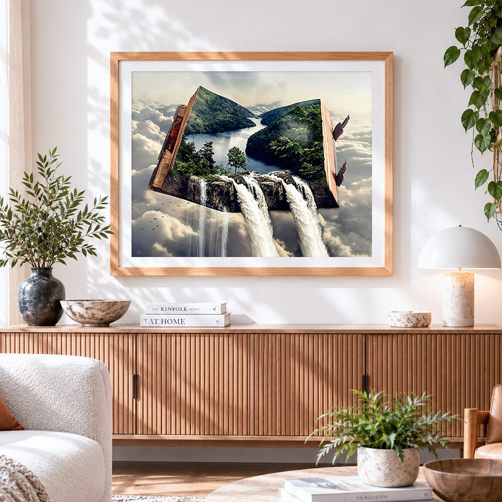 Finished enchanted forest waterfall from a book paint by numbers artwork displayed as home decor