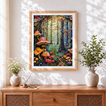 Finished enchanted forest with mushrooms cross stitch artwork displayed