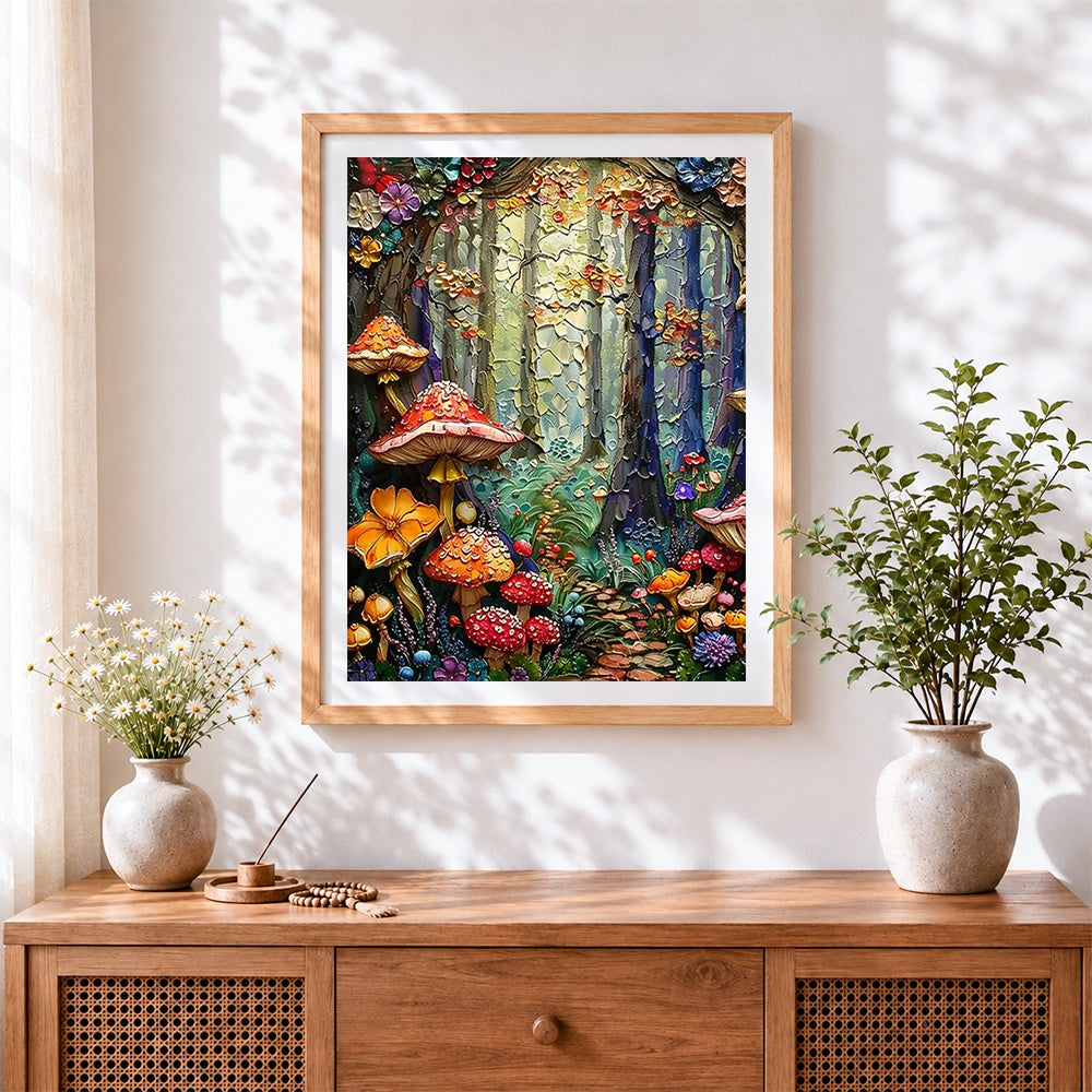 Finished enchanted forest with mushrooms cross stitch artwork displayed