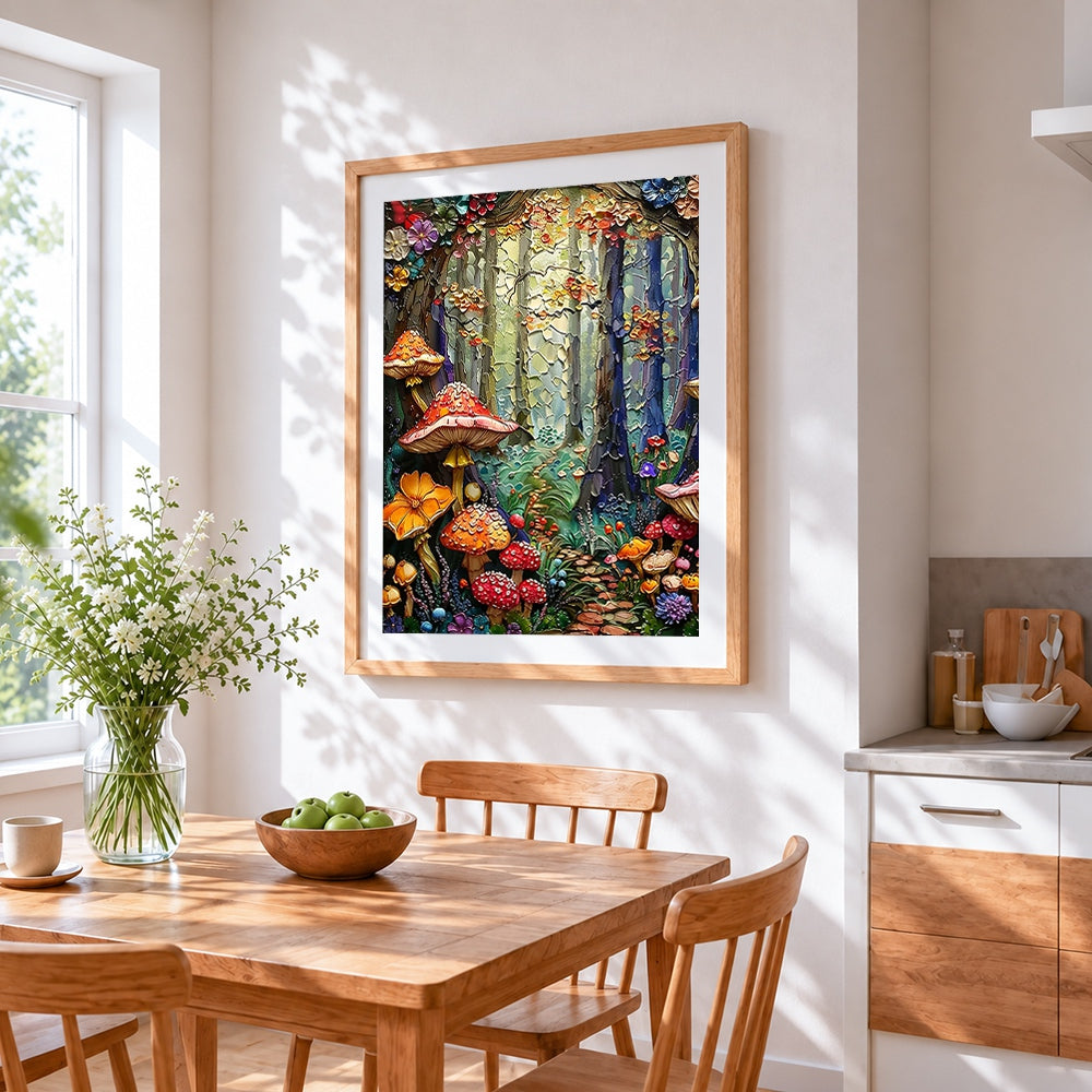 Enchanted forest with mushrooms cross stitch artwork displayed on wall as home decor