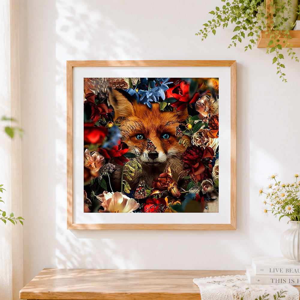 Finished enchanted fox surrounded by wildflowers paint by numbers artwork displayed as home decor