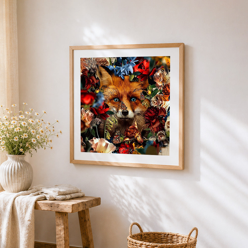Enchanted fox surrounded by wildflowers paint by numbers artwork displayed on wall as home decor