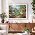 Finished enchanted garden waterfall and gazebo cross stitch artwork displayed
