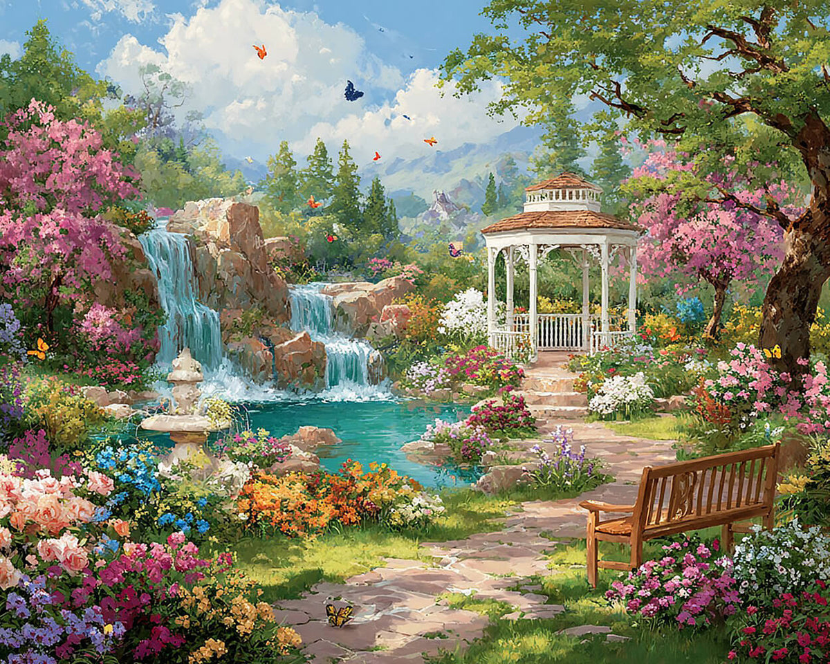 Enchanted garden waterfall and gazebo cross stitch kit for beginners