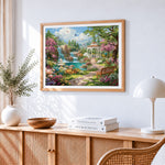 Enchanted garden waterfall and gazebo cross stitch artwork displayed on wall as home decor